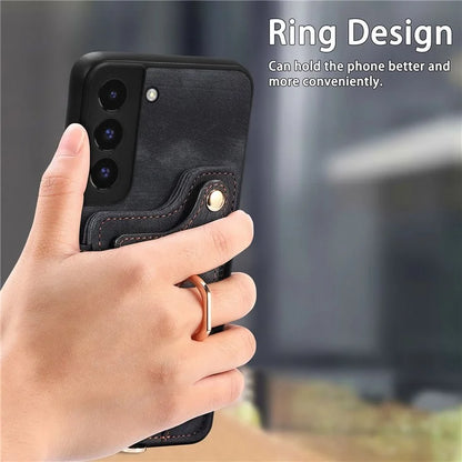 D4 For Samsung Galaxy S22 5G Case Kickstand RFID Blocking Phone Cover with Wrist Strap
