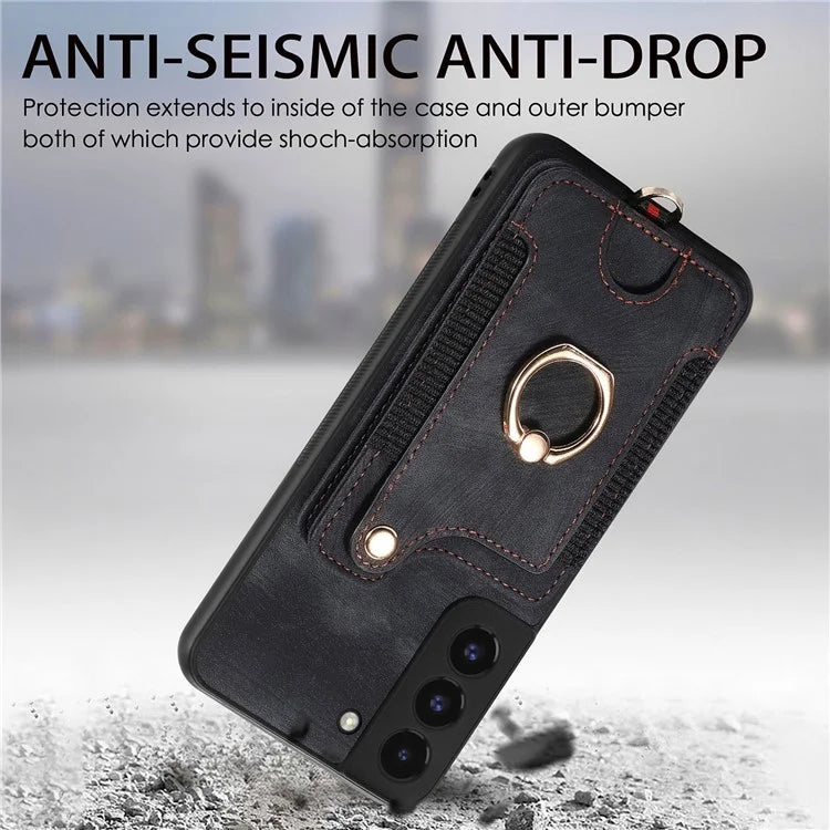 D4 For Samsung Galaxy S22 5G Case Kickstand RFID Blocking Phone Cover with Wrist Strap