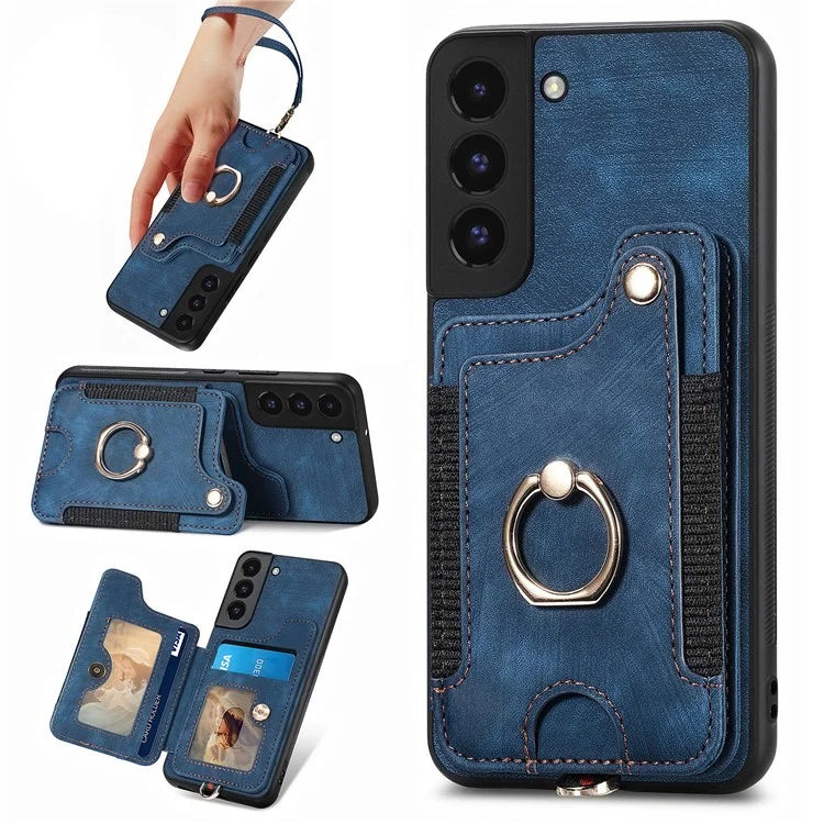 D4 For Samsung Galaxy S22 5G Case Kickstand RFID Blocking Phone Cover with Wrist Strap