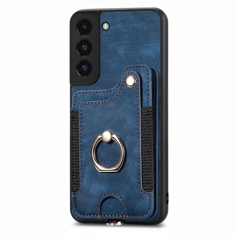 D4 For Samsung Galaxy S22 5G Case Kickstand RFID Blocking Phone Cover with Wrist Strap