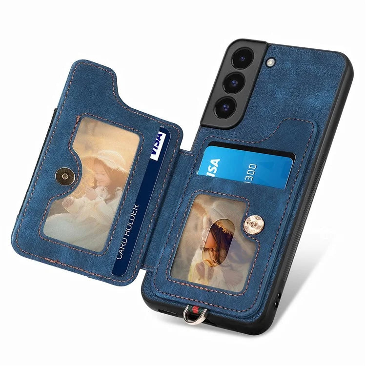 D4 For Samsung Galaxy S22 5G Case Kickstand RFID Blocking Phone Cover with Wrist Strap