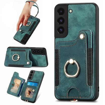 D4 For Samsung Galaxy S22 5G Case Kickstand RFID Blocking Phone Cover with Wrist Strap