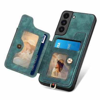 D4 For Samsung Galaxy S22 5G Case Kickstand RFID Blocking Phone Cover with Wrist Strap
