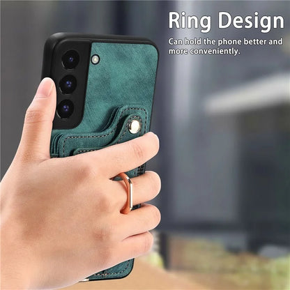 D4 For Samsung Galaxy S22 5G Case Kickstand RFID Blocking Phone Cover with Wrist Strap
