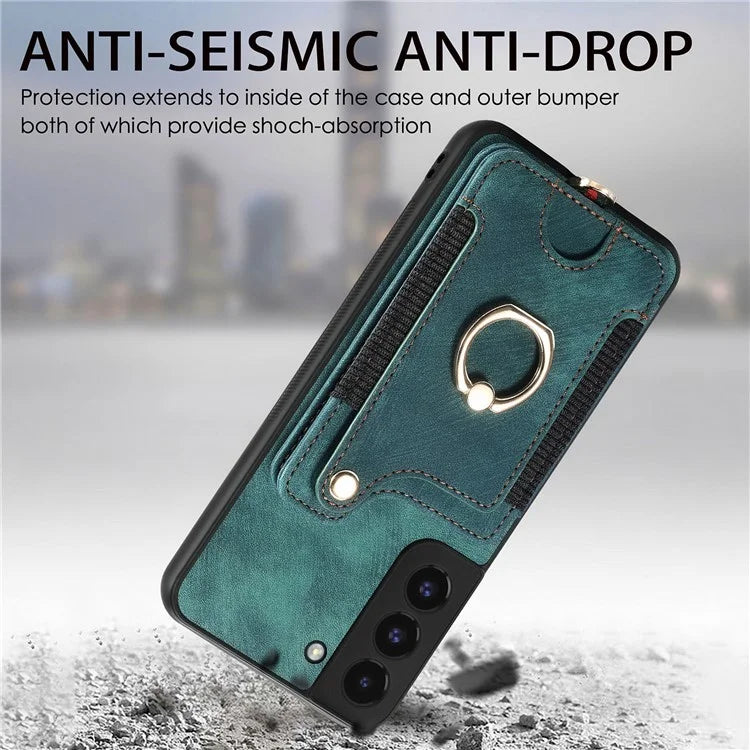D4 For Samsung Galaxy S22 5G Case Kickstand RFID Blocking Phone Cover with Wrist Strap