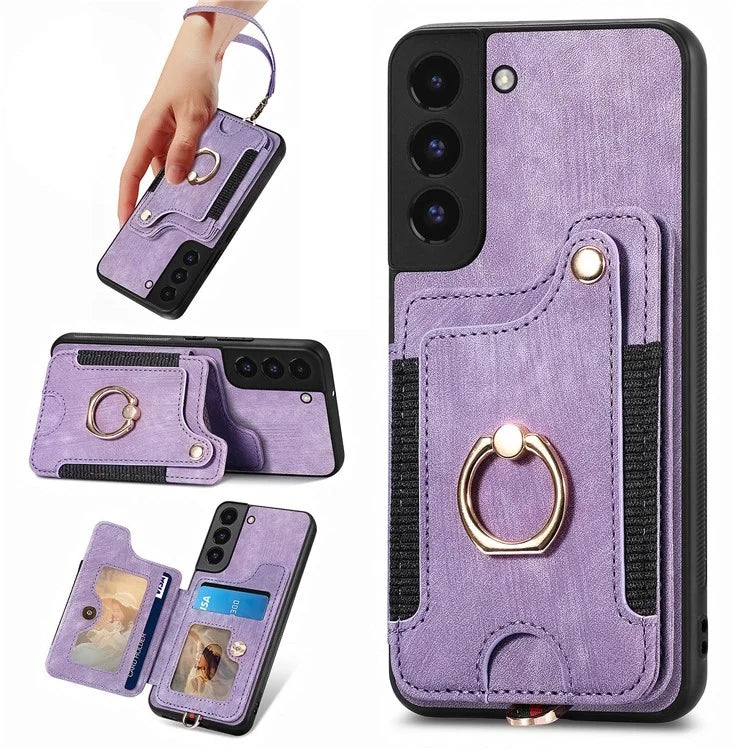 D4 For Samsung Galaxy S22 5G Case Kickstand RFID Blocking Phone Cover with Wrist Strap