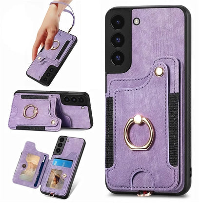 D4 For Samsung Galaxy S22 5G Case Kickstand RFID Blocking Phone Cover with Wrist Strap