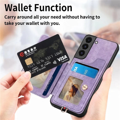 D4 For Samsung Galaxy S22 5G Case Kickstand RFID Blocking Phone Cover with Wrist Strap