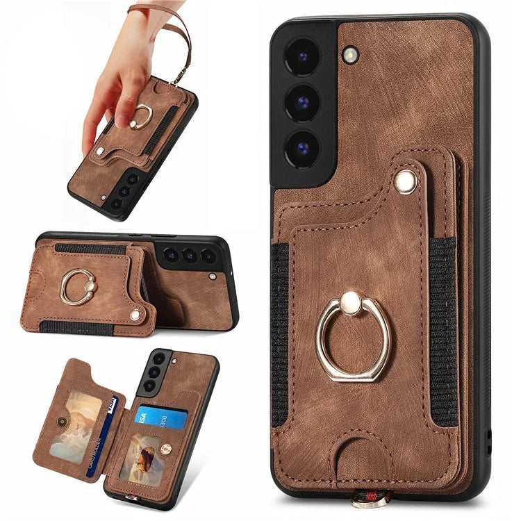 D4 For Samsung Galaxy S22 5G Case Kickstand RFID Blocking Phone Cover with Wrist Strap