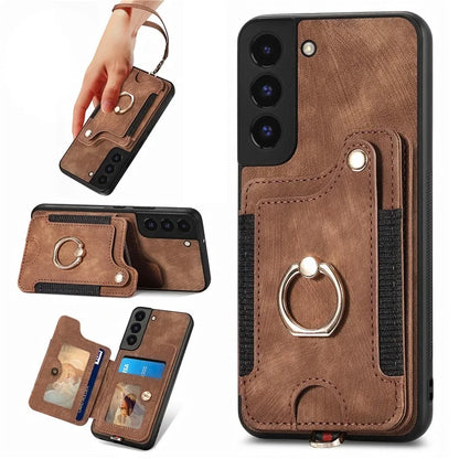 D4 For Samsung Galaxy S22 5G Case Kickstand RFID Blocking Phone Cover with Wrist Strap