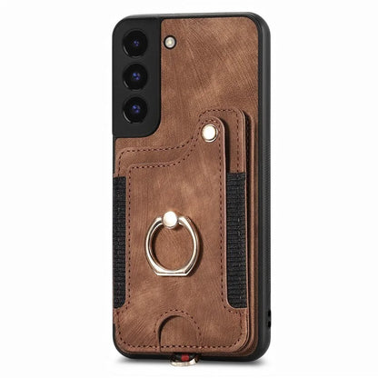 D4 For Samsung Galaxy S22 5G Case Kickstand RFID Blocking Phone Cover with Wrist Strap