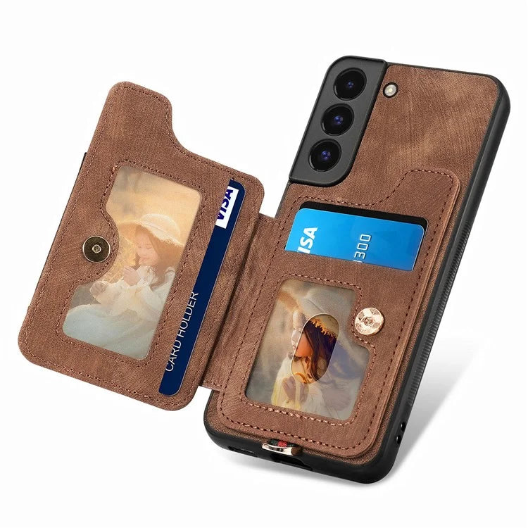 D4 For Samsung Galaxy S22 5G Case Kickstand RFID Blocking Phone Cover with Wrist Strap