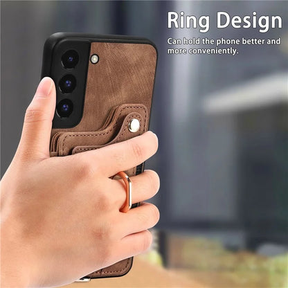 D4 For Samsung Galaxy S22 5G Case Kickstand RFID Blocking Phone Cover with Wrist Strap