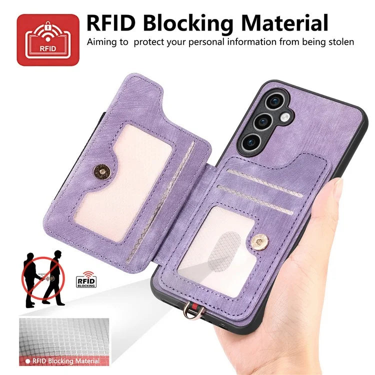 D4 For Samsung Galaxy S23 FE Case with Hand Strap PU Leather RFID Blocking Phone Cover