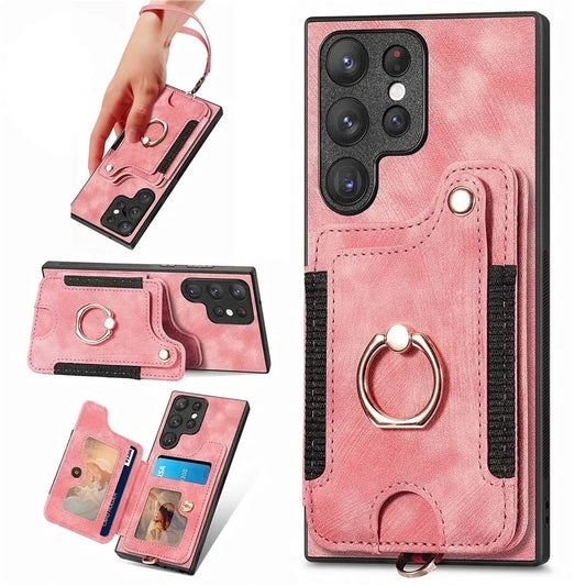 D4 For Samsung Galaxy S23 Ultra RFID Blocking Vintage Phone Case Card Slots Kickstand Cover
