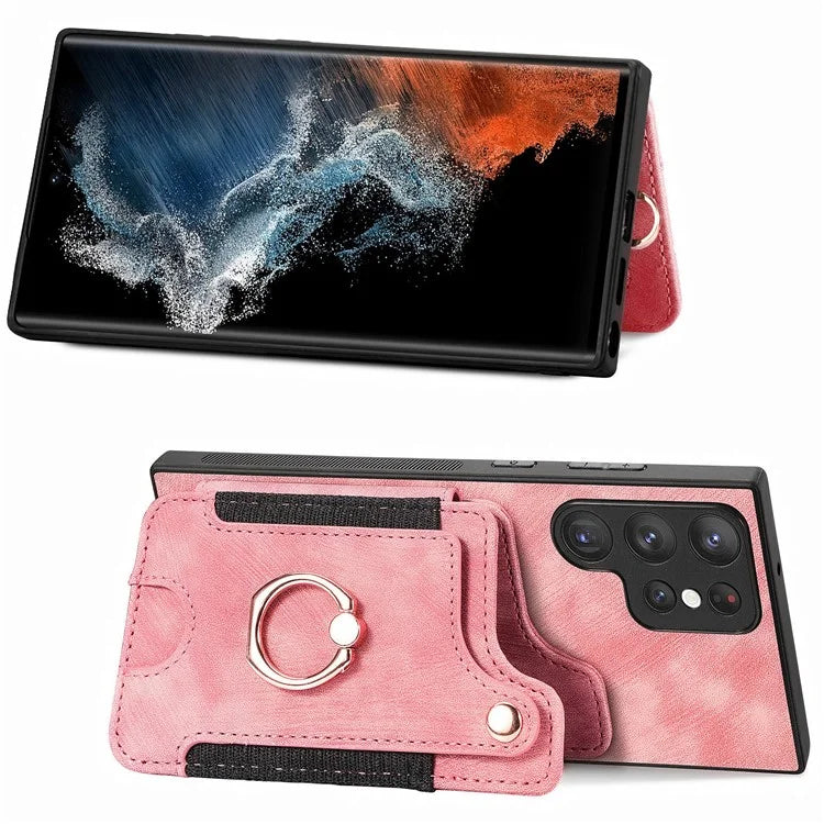 D4 For Samsung Galaxy S23 Ultra RFID Blocking Vintage Phone Case Card Slots Kickstand Cover