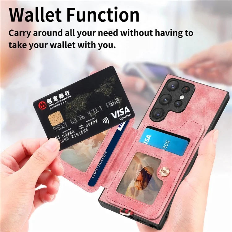 D4 For Samsung Galaxy S23 Ultra RFID Blocking Vintage Phone Case Card Slots Kickstand Cover