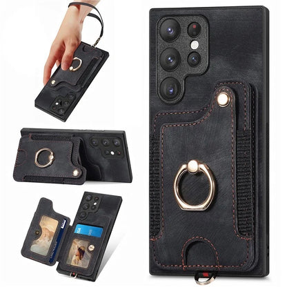 D4 For Samsung Galaxy S23 Ultra RFID Blocking Vintage Phone Case Card Slots Kickstand Cover