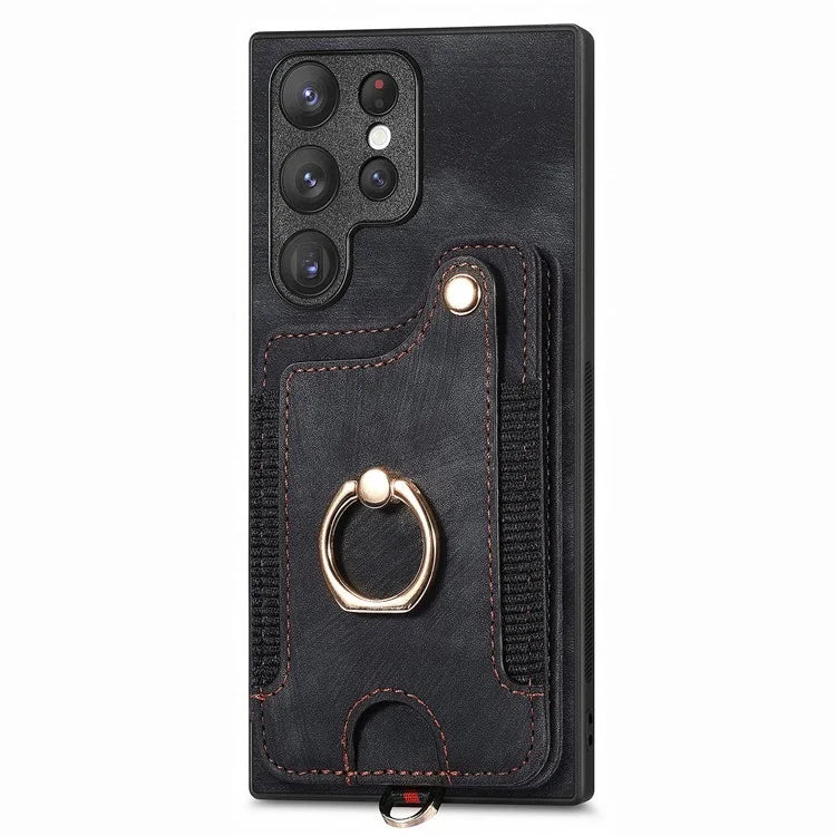 D4 For Samsung Galaxy S23 Ultra RFID Blocking Vintage Phone Case Card Slots Kickstand Cover