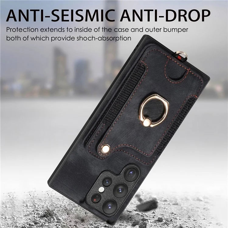 D4 For Samsung Galaxy S23 Ultra RFID Blocking Vintage Phone Case Card Slots Kickstand Cover