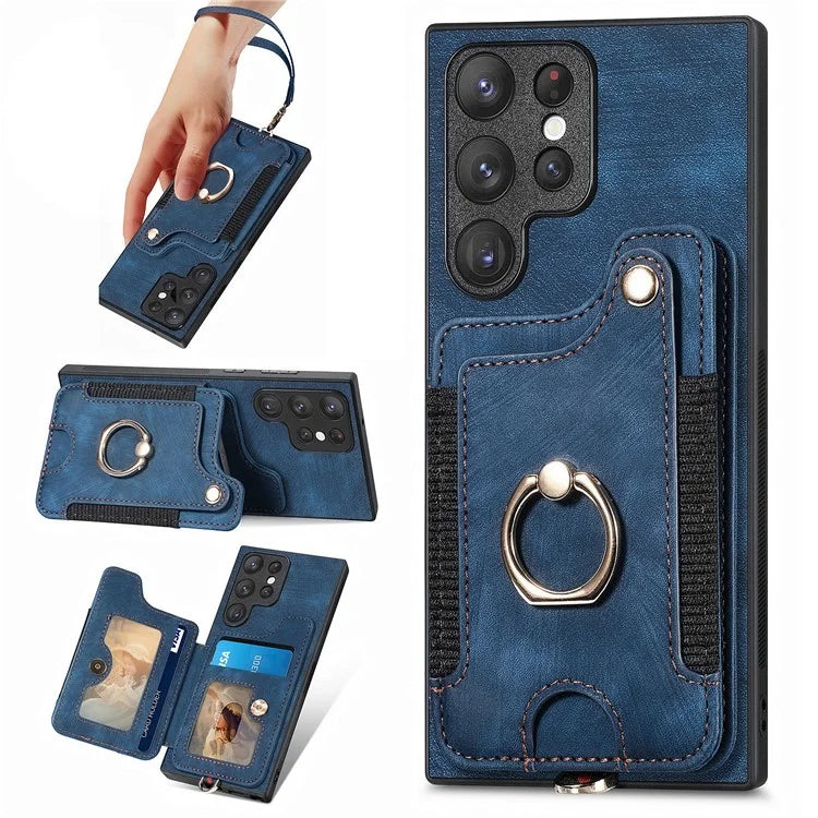D4 For Samsung Galaxy S23 Ultra RFID Blocking Vintage Phone Case Card Slots Kickstand Cover