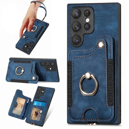 D4 For Samsung Galaxy S23 Ultra RFID Blocking Vintage Phone Case Card Slots Kickstand Cover