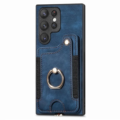 D4 For Samsung Galaxy S23 Ultra RFID Blocking Vintage Phone Case Card Slots Kickstand Cover