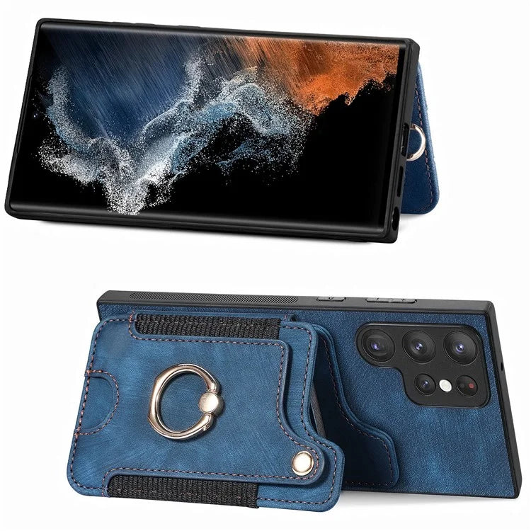 D4 For Samsung Galaxy S23 Ultra RFID Blocking Vintage Phone Case Card Slots Kickstand Cover