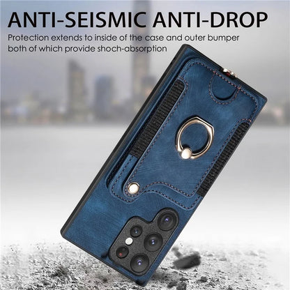 D4 For Samsung Galaxy S23 Ultra RFID Blocking Vintage Phone Case Card Slots Kickstand Cover