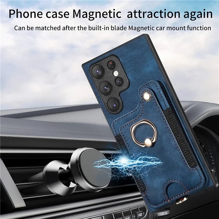 D4 For Samsung Galaxy S23 Ultra RFID Blocking Vintage Phone Case Card Slots Kickstand Cover