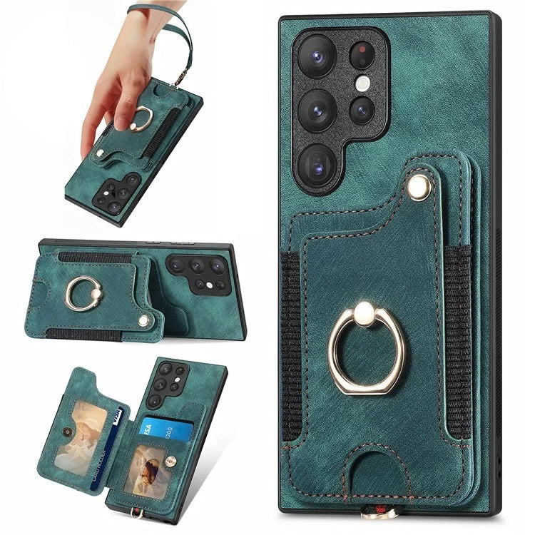 D4 For Samsung Galaxy S23 Ultra RFID Blocking Vintage Phone Case Card Slots Kickstand Cover