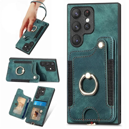 D4 For Samsung Galaxy S23 Ultra RFID Blocking Vintage Phone Case Card Slots Kickstand Cover