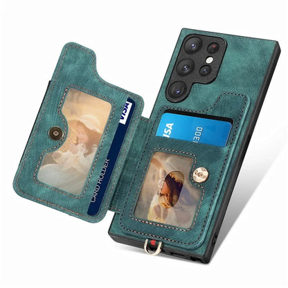 D4 For Samsung Galaxy S23 Ultra RFID Blocking Vintage Phone Case Card Slots Kickstand Cover
