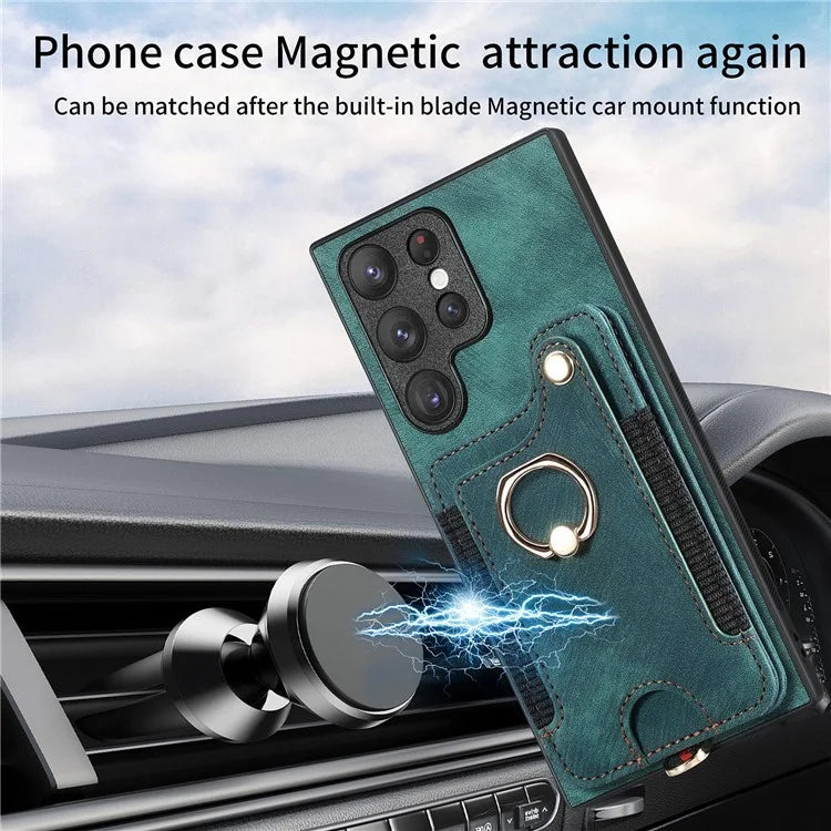 D4 For Samsung Galaxy S23 Ultra RFID Blocking Vintage Phone Case Card Slots Kickstand Cover
