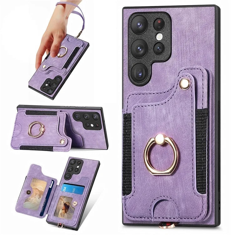 D4 For Samsung Galaxy S23 Ultra RFID Blocking Vintage Phone Case Card Slots Kickstand Cover