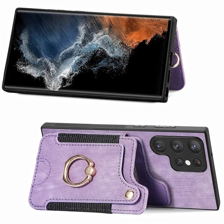 D4 For Samsung Galaxy S23 Ultra RFID Blocking Vintage Phone Case Card Slots Kickstand Cover