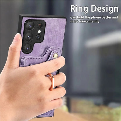 D4 For Samsung Galaxy S23 Ultra RFID Blocking Vintage Phone Case Card Slots Kickstand Cover