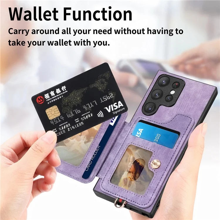 D4 For Samsung Galaxy S23 Ultra RFID Blocking Vintage Phone Case Card Slots Kickstand Cover