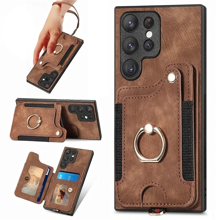 D4 For Samsung Galaxy S23 Ultra RFID Blocking Vintage Phone Case Card Slots Kickstand Cover