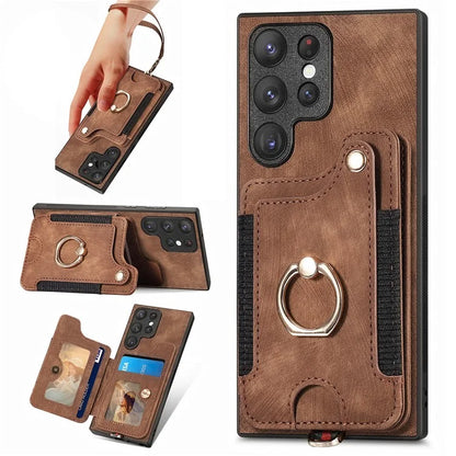 D4 For Samsung Galaxy S23 Ultra RFID Blocking Vintage Phone Case Card Slots Kickstand Cover
