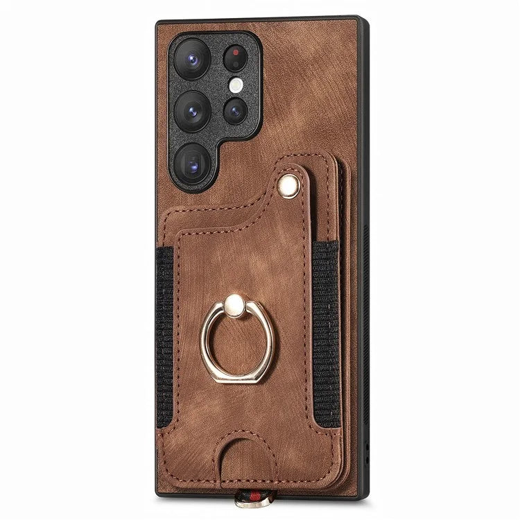 D4 For Samsung Galaxy S23 Ultra RFID Blocking Vintage Phone Case Card Slots Kickstand Cover