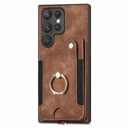 D4 For Samsung Galaxy S23 Ultra RFID Blocking Vintage Phone Case Card Slots Kickstand Cover