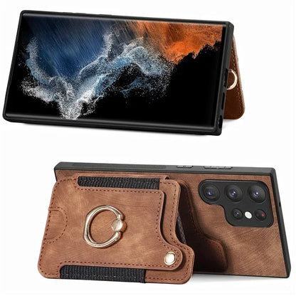D4 For Samsung Galaxy S23 Ultra RFID Blocking Vintage Phone Case Card Slots Kickstand Cover