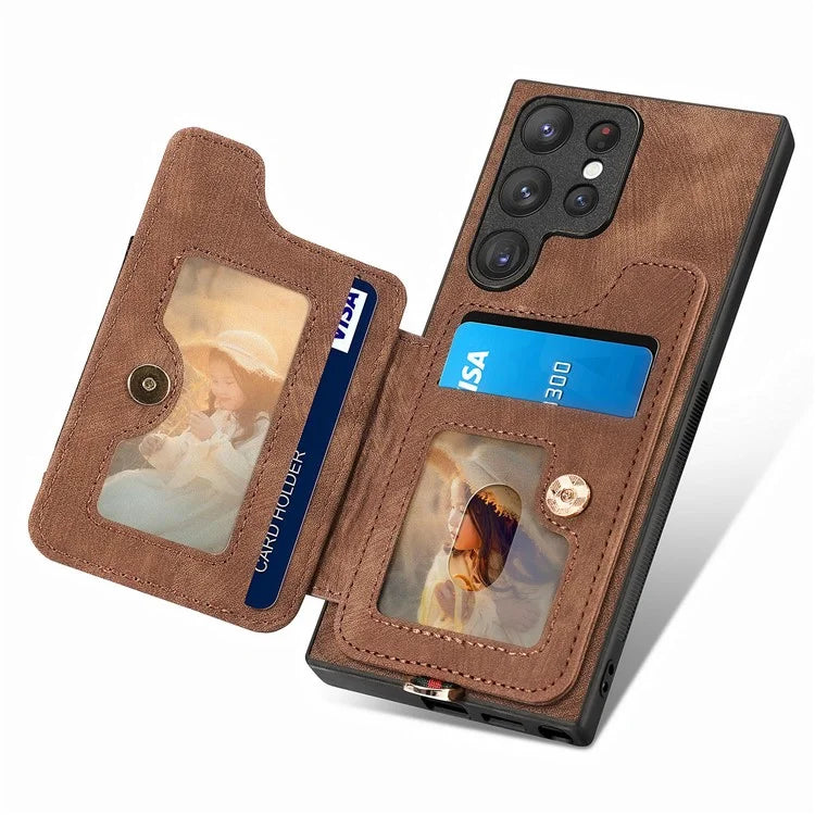 D4 For Samsung Galaxy S23 Ultra RFID Blocking Vintage Phone Case Card Slots Kickstand Cover