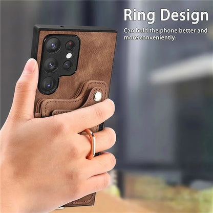 D4 For Samsung Galaxy S23 Ultra RFID Blocking Vintage Phone Case Card Slots Kickstand Cover
