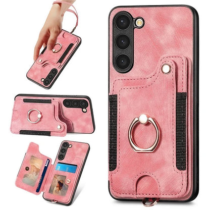 D4 For Samsung Galaxy S23+ Cell Phone Case RFID Blocking Card Holder Ring Kickstand Back Cover