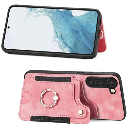 D4 For Samsung Galaxy S23+ Cell Phone Case RFID Blocking Card Holder Ring Kickstand Back Cover