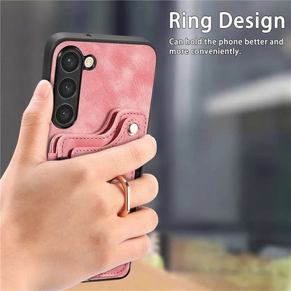 D4 For Samsung Galaxy S23+ Cell Phone Case RFID Blocking Card Holder Ring Kickstand Back Cover