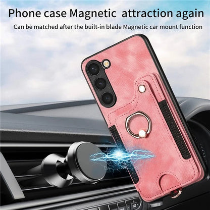 D4 For Samsung Galaxy S23+ Cell Phone Case RFID Blocking Card Holder Ring Kickstand Back Cover