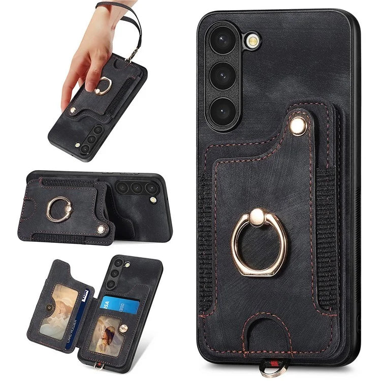 D4 For Samsung Galaxy S23+ Cell Phone Case RFID Blocking Card Holder Ring Kickstand Back Cover